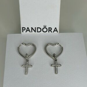 Pandora Heart Hoops With Rhinestones Cross hanging